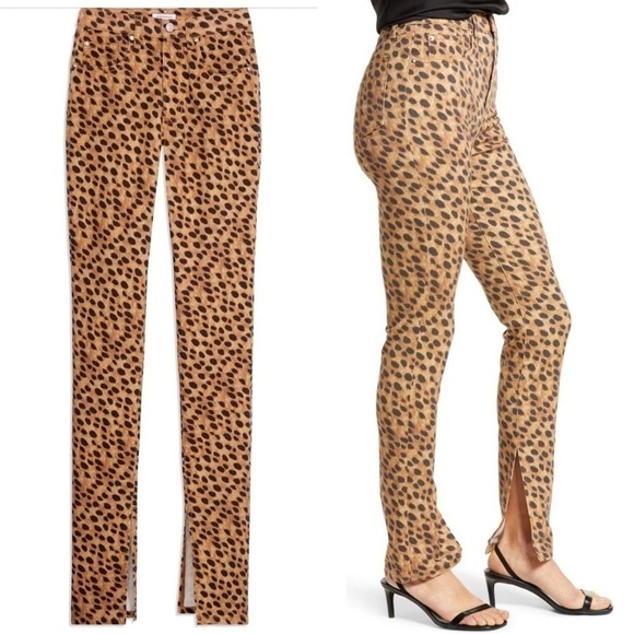 NEW WE WORE WHAT Stiletto High Waist Split Hem Leopard Skinny Jeans In brown - Picture 2 of 10